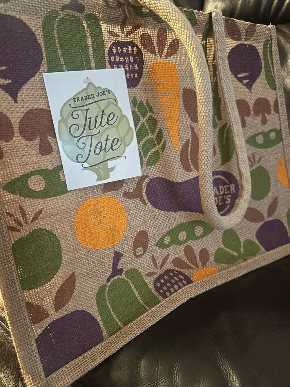 Trader Joe’s - Beige Jute Tote with Green, Purple & Orange Veggie Print